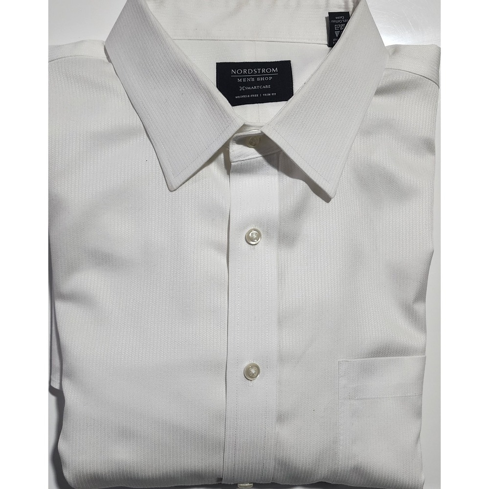 Nordstrom Men's White Shadow Stripe Trim Fit Smartcare Dress Shirt Size 17